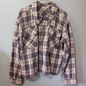 Democracy Plaid Cropped Shacket Button Down Shirt Brown Tan Blue Size Large